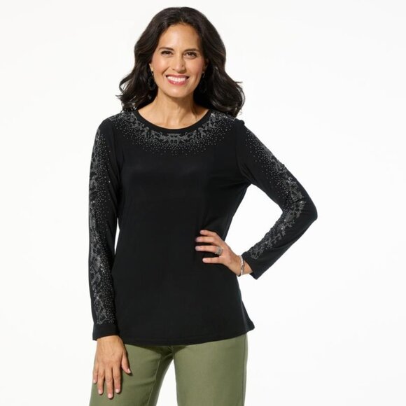 Antthony Embellished Long Sleeve Heat Seal Shirt Size XL Black Silver Chic NEW - Picture 1 of 8